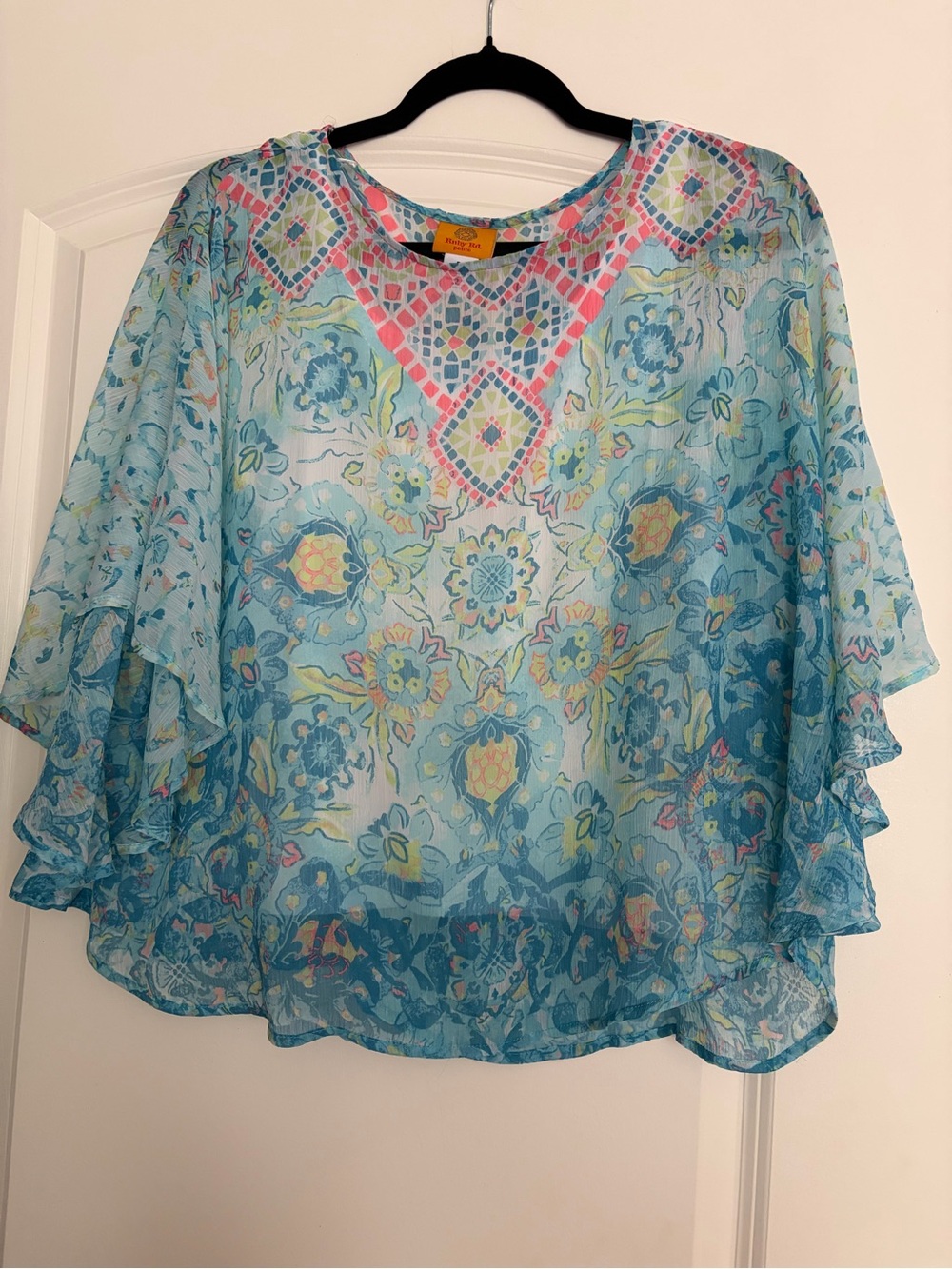 Ruby Rd. Aqua Floral Sheer Boho Blouse with Pink Accents